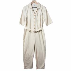 Myra Bay Linen Blend Tan Belted Jumpsuit Lightweight *see measurements